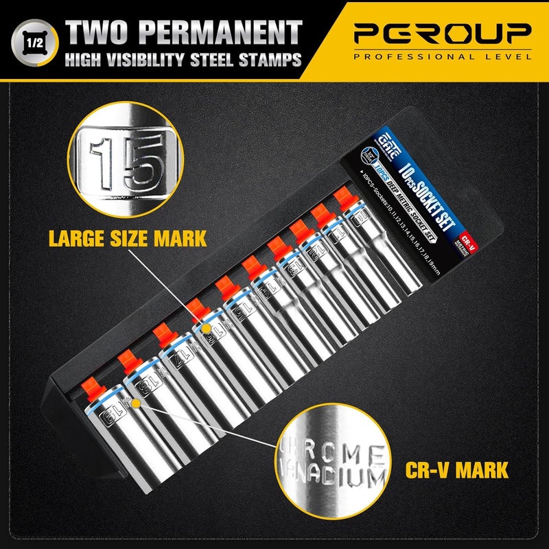 pgroup 10PCS 1/2” Drive Deep Socket Set, Metric (10mm-19mm), 6-Point, Cr-V Steel, Chrome Plated Socket With Hanging Bracket, Cover Most Commonly Sizes - Image 3